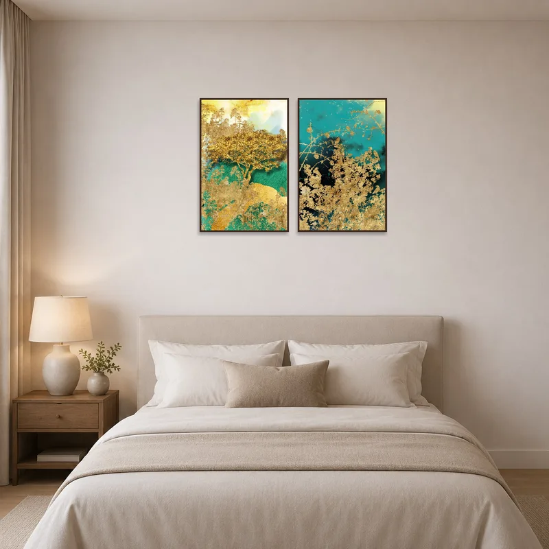 Serene golden nature prints enhance the bedroom ambiance.