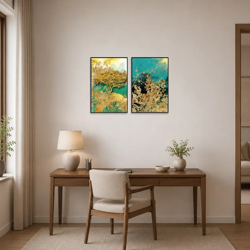Golden nature prints inspire creativity in the home office.