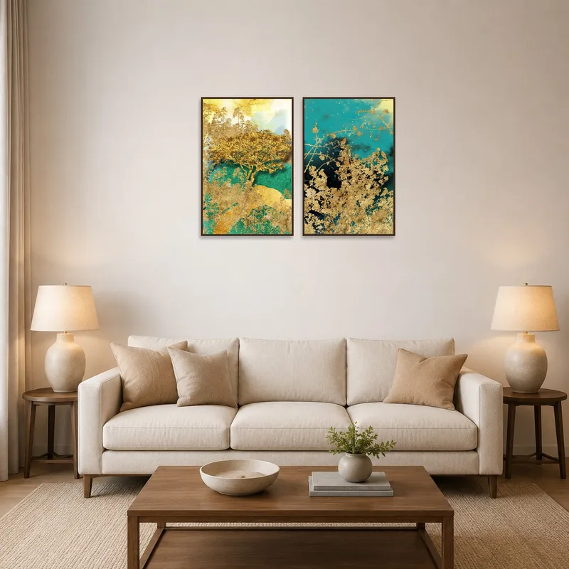 Golden nature prints add warmth to the living room.