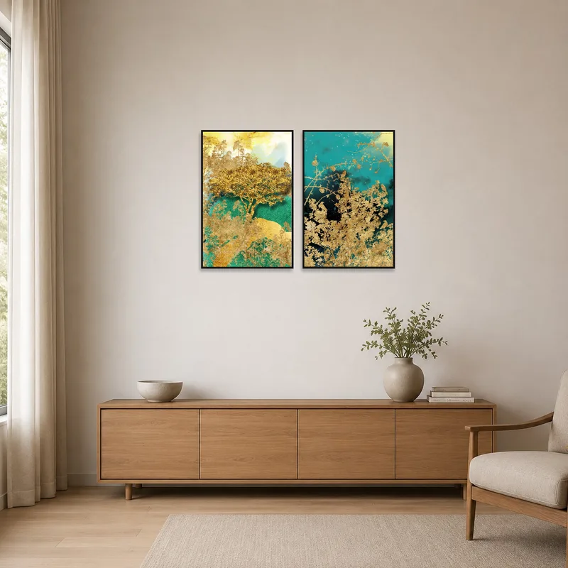 Simple elegance with golden nature prints in a minimalist space.