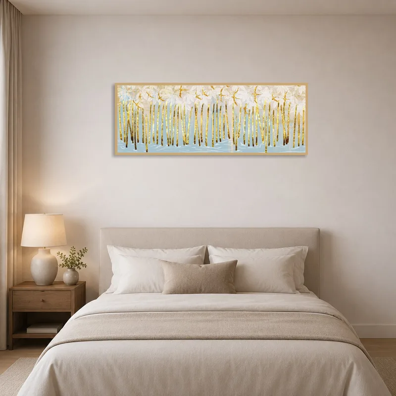 Golden nature panoramic piece adding warmth above a bed in a tranquil bedroom.