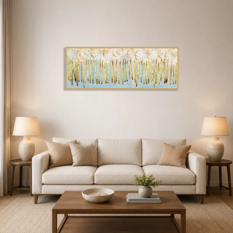 Panoramic art piece with golden nature theme above a modern sofa in a cozy living room.