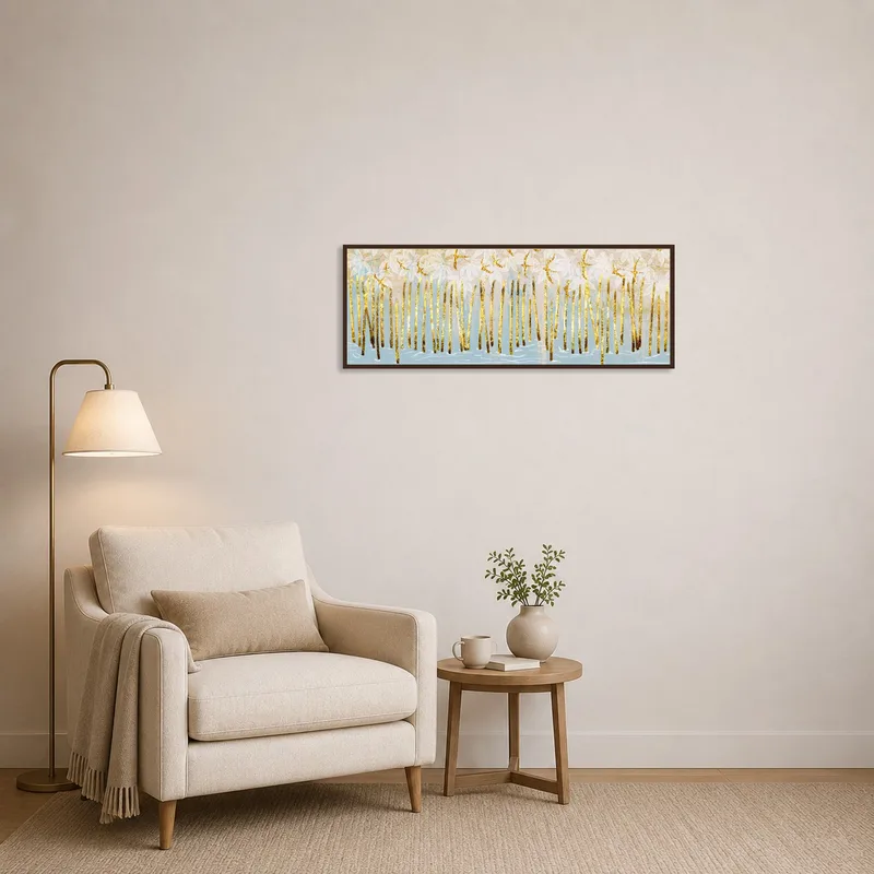 Nature-inspired artwork with golden hues beautifying a serene reading corner.