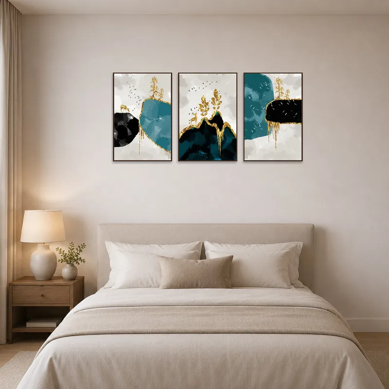Golden landscapes create a serene atmosphere in the bedroom.