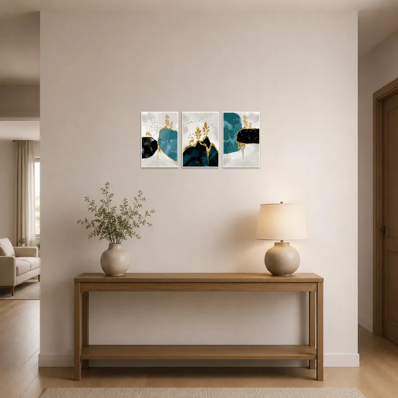 Golden triptych welcomes in the entrance hall's open space.