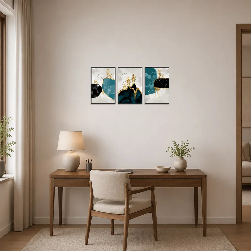 Abstract landscapes inspire creativity in the home office.