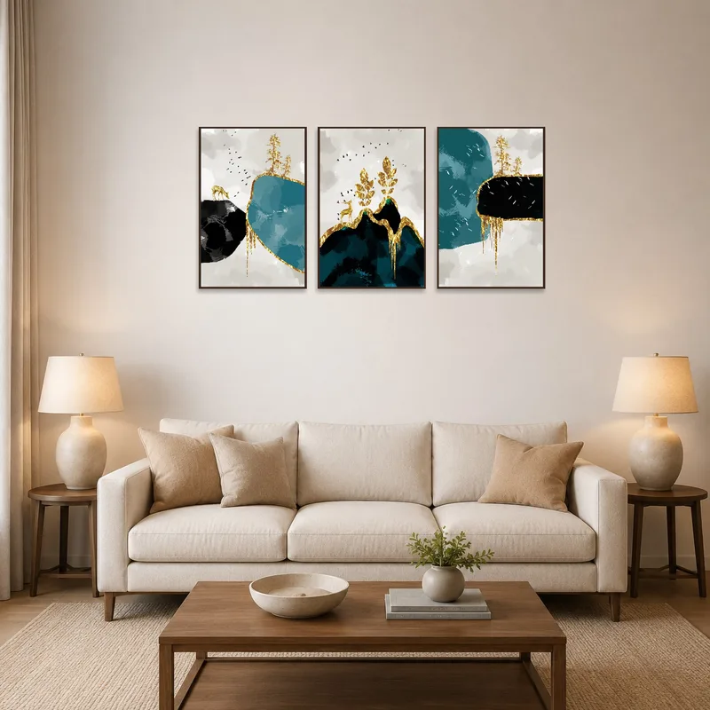 A golden nature triptych adds warmth to the living room wall.