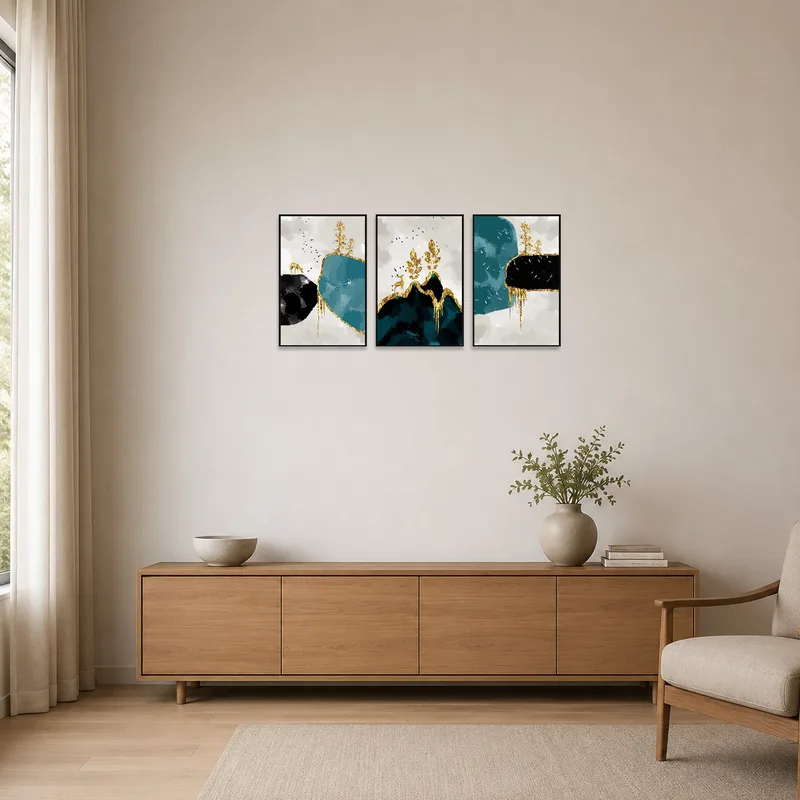 Abstract landscapes enhance the minimalist room's clean lines.
