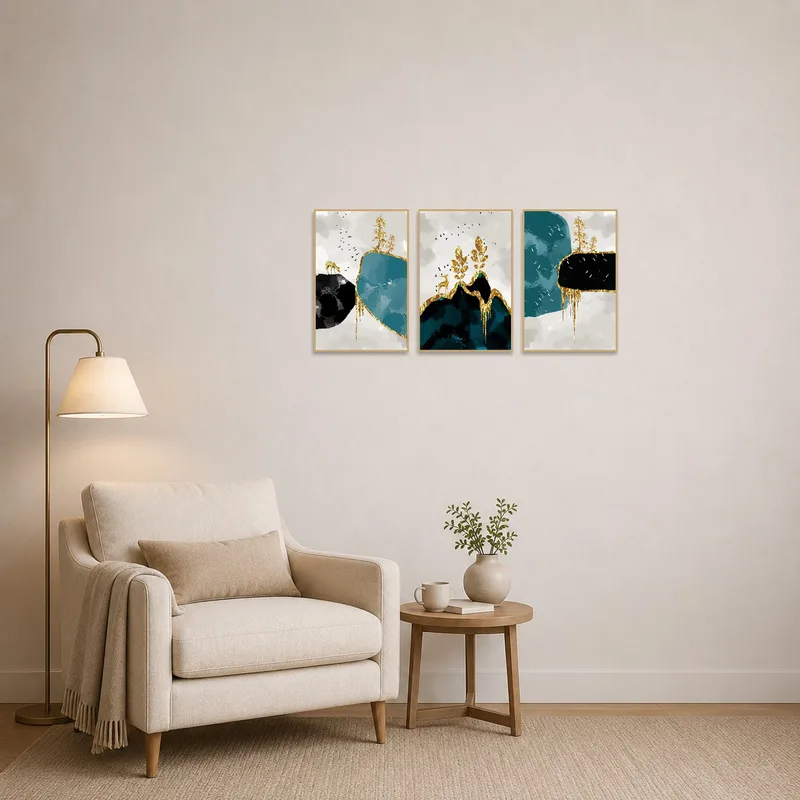 A cozy reading corner brightened by golden abstract pieces.