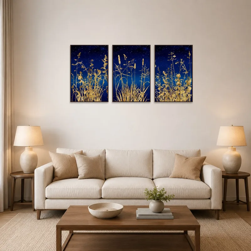 Elegant botanical triptych adds warmth to a cozy living room wall.