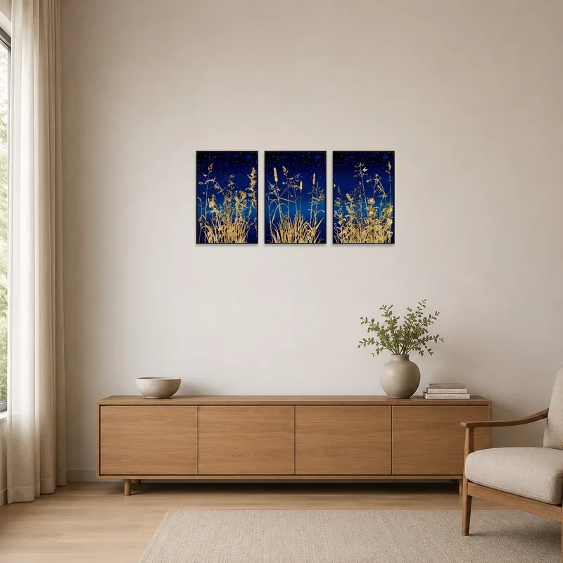 Golden botanical prints complement a minimalist room's clean lines.