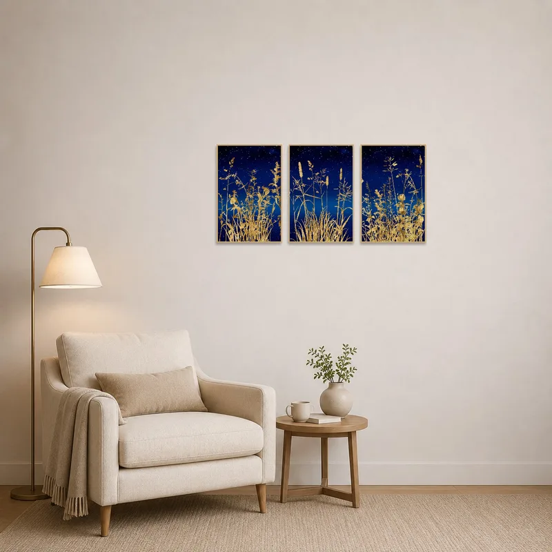 Serene botanical artwork enhances the tranquility of a reading corner.
