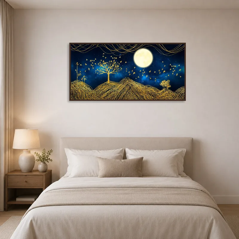 Calming bedroom with golden night sky art print of moon and birds above the bed.