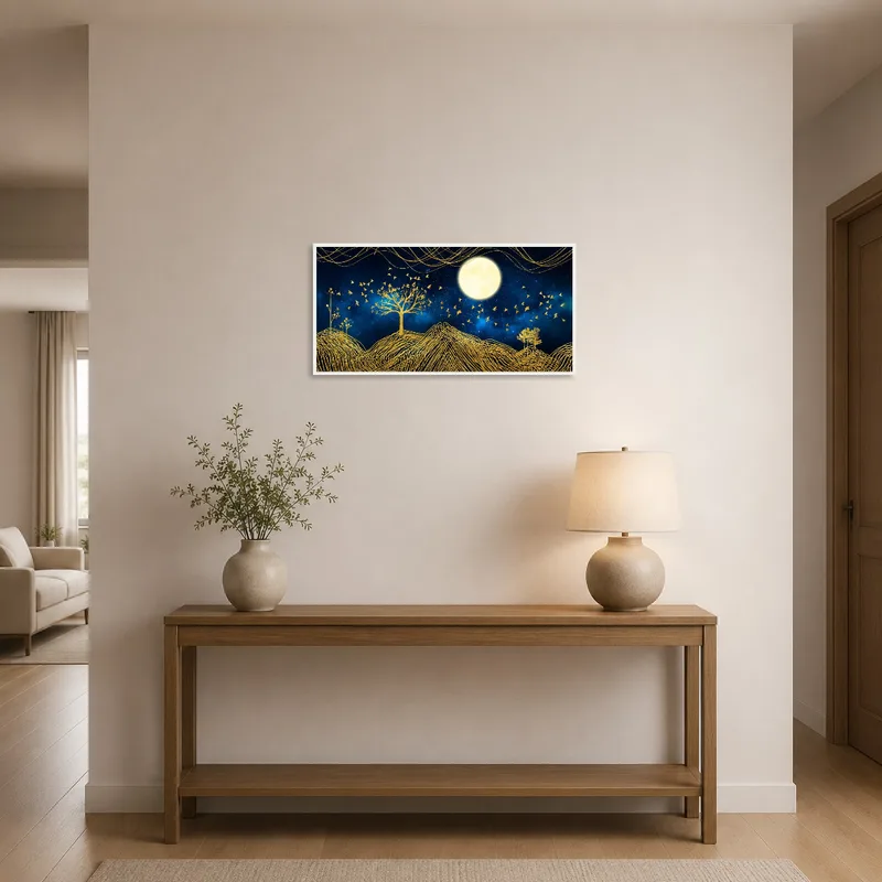 Entrance hall featuring golden night sky art print, highlighting moon and birds.