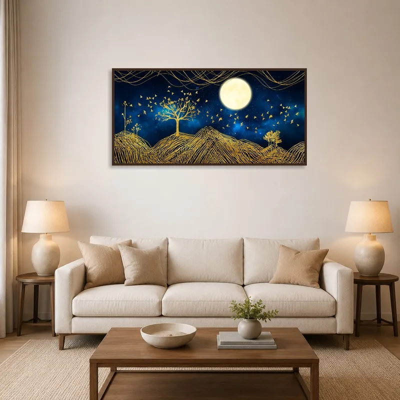 Golden night sky art print with moon and birds hangs in a cozy living room.