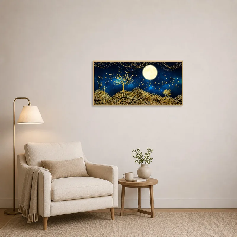 Reading corner enhanced by golden night sky art print with elegant moon and birds design.