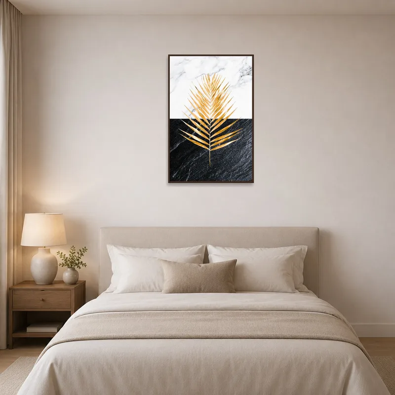 Serene bedroom adorned with golden palm leaf on a marble background.