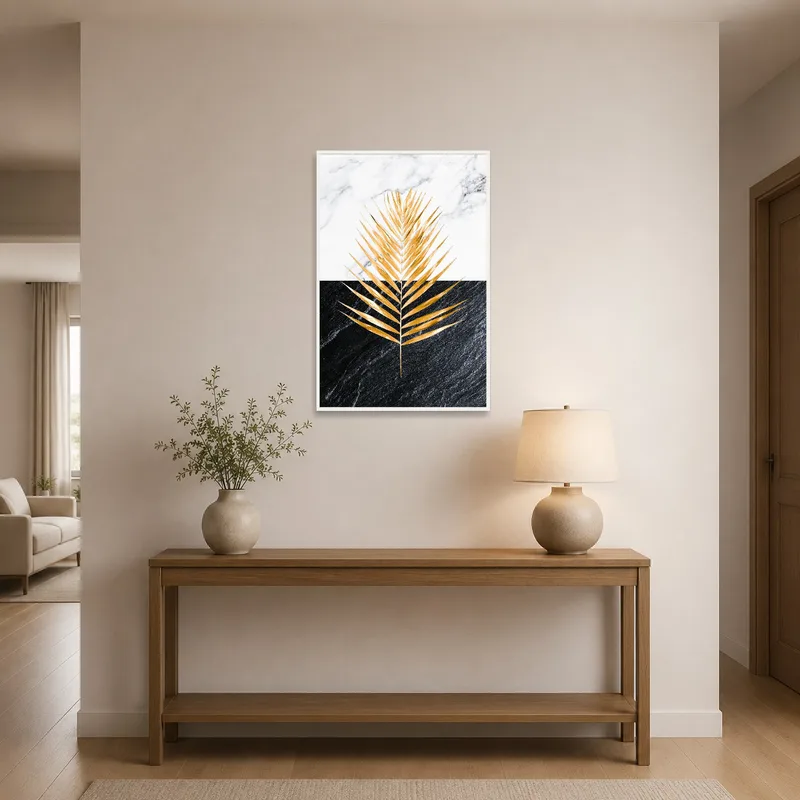 Golden palm leaf against marble displayed in an elegant entrance hall.