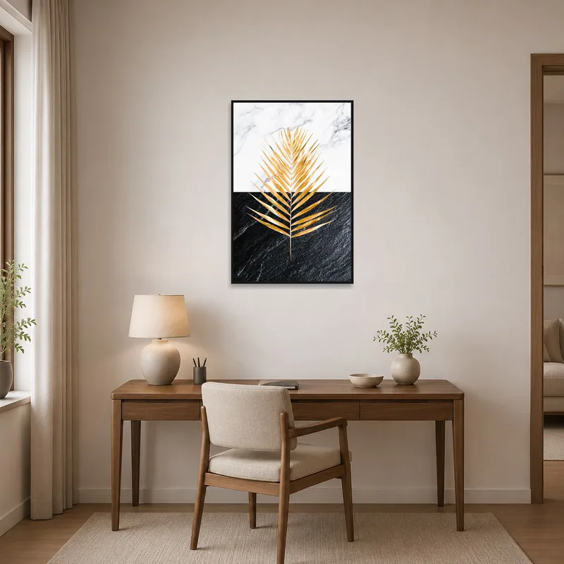 Golden palm leaf artwork on marble and slate gracing a tidy home office.