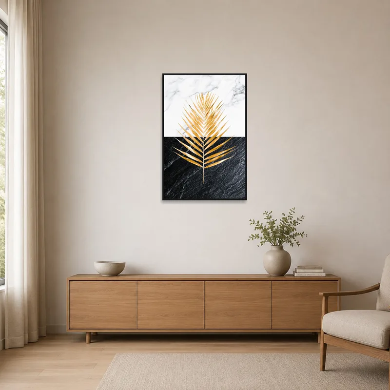 Golden palm leaf art set against marble in a sleek minimalist space.