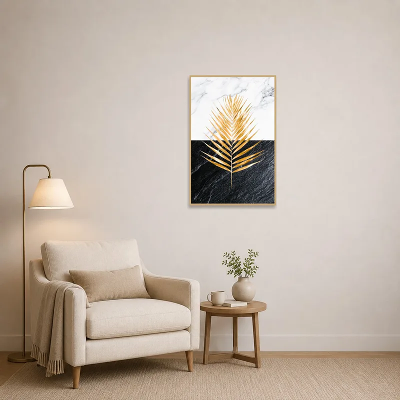 Cozy reading corner featuring golden palm leaf art on marble and slate.