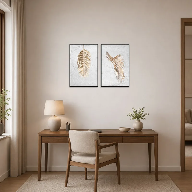 Golden palm leaves on marble enhance the aesthetic of a home office with modern decor.