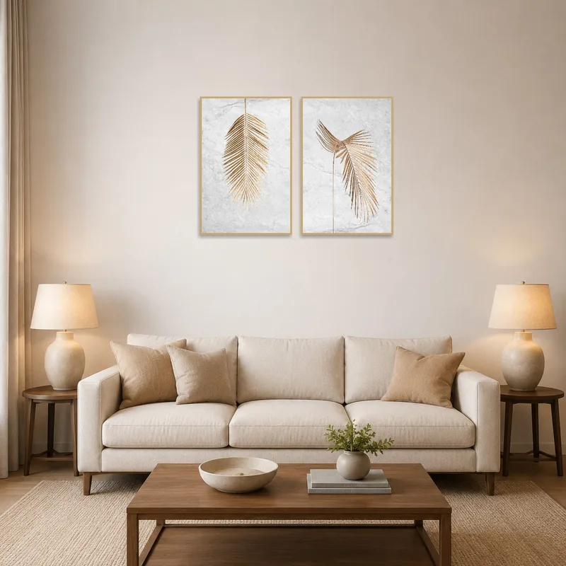 Golden palm leaves artwork on marble backdrop adorn a living room wall above a modern sofa.