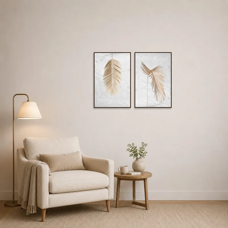 Golden palm leaves diptych brings sophistication to a cozy reading corner with a plush chair.