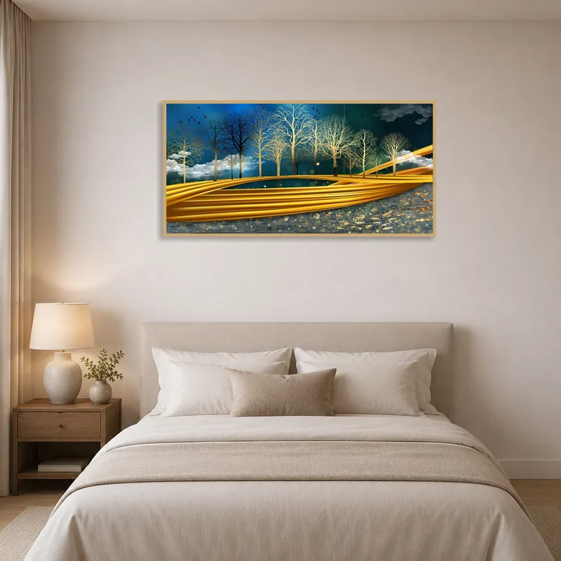Forest pathway art adds tranquility to the bedroom.