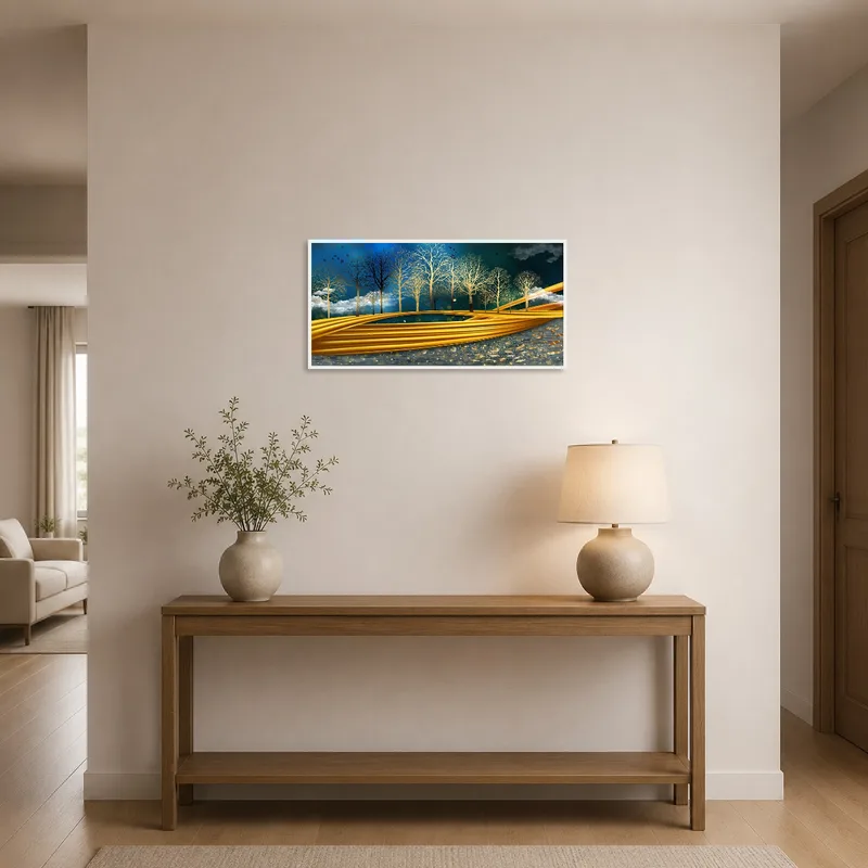 Forest pathway art greets guests in the entrance hall.