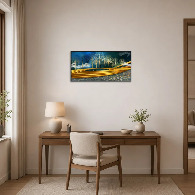 Golden pathway art infuses warmth into the home office.