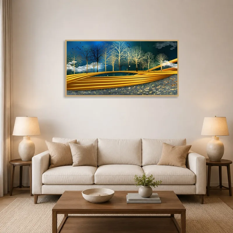 A serene forest pathway art piece brightens the living room.