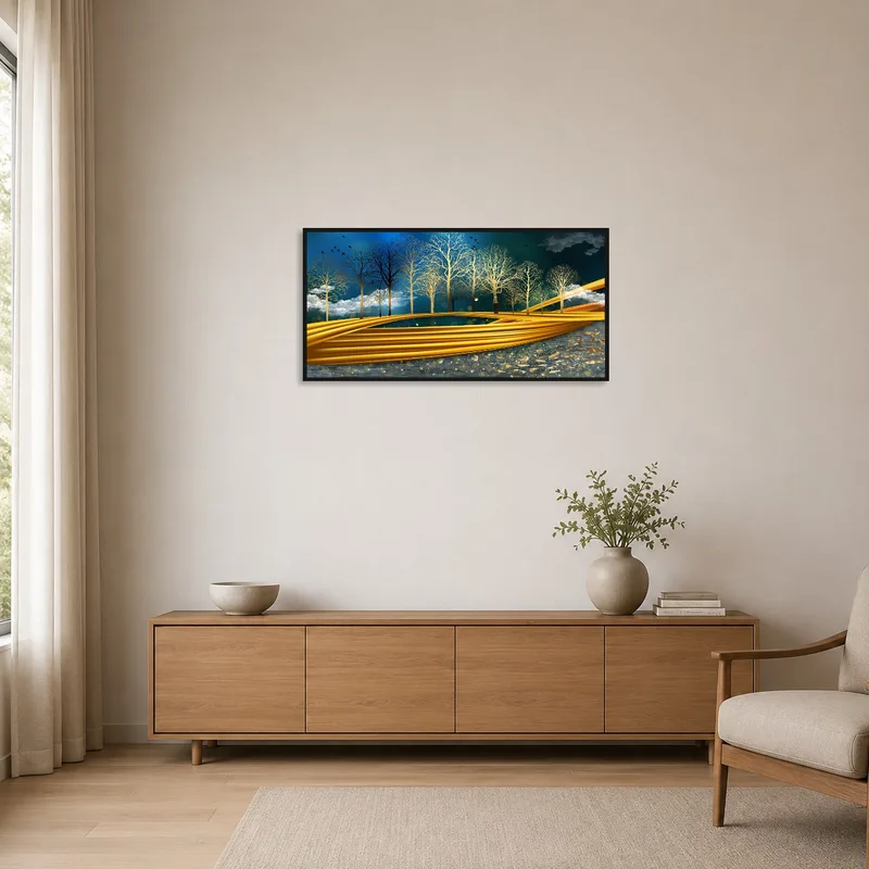 Minimalist room enhanced by forest pathway art piece.