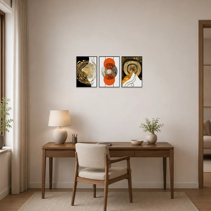 Golden Rings Triptych in a home office, adding sophistication to a productive workspace.