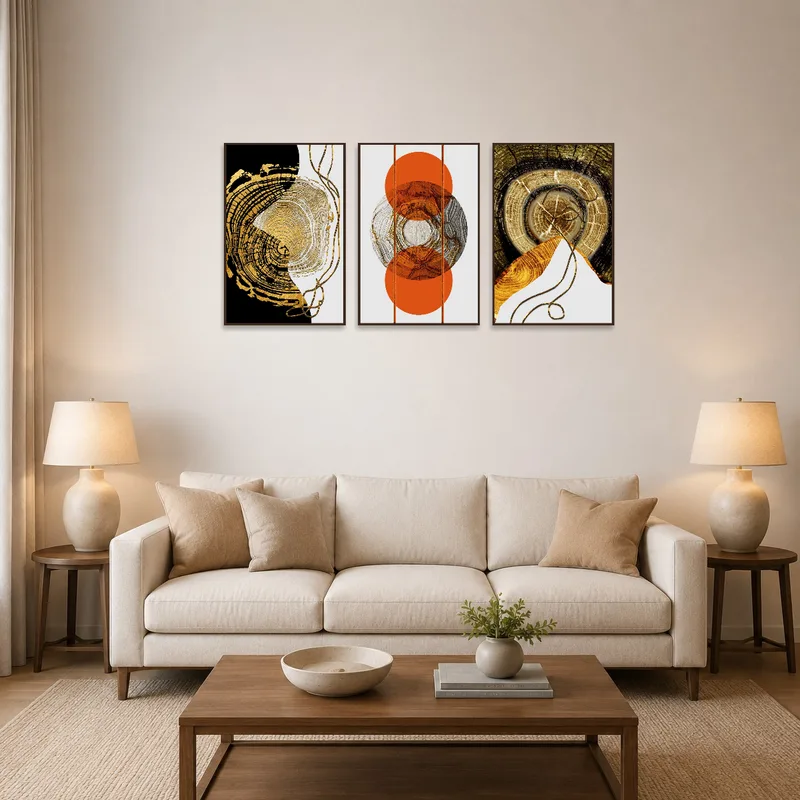 Golden Rings Triptych in a living room above a modern couch with lush textures and plants.
