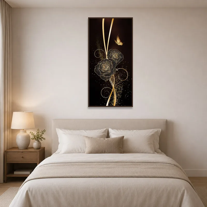 Golden rose and butterfly print above the bed.