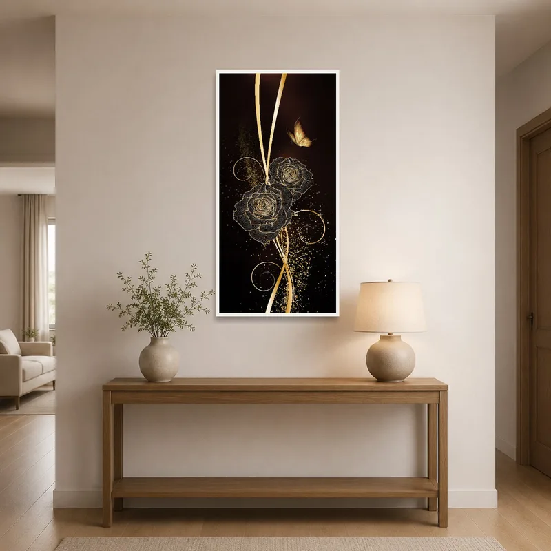 Golden rose and butterfly print in an entrance hall.