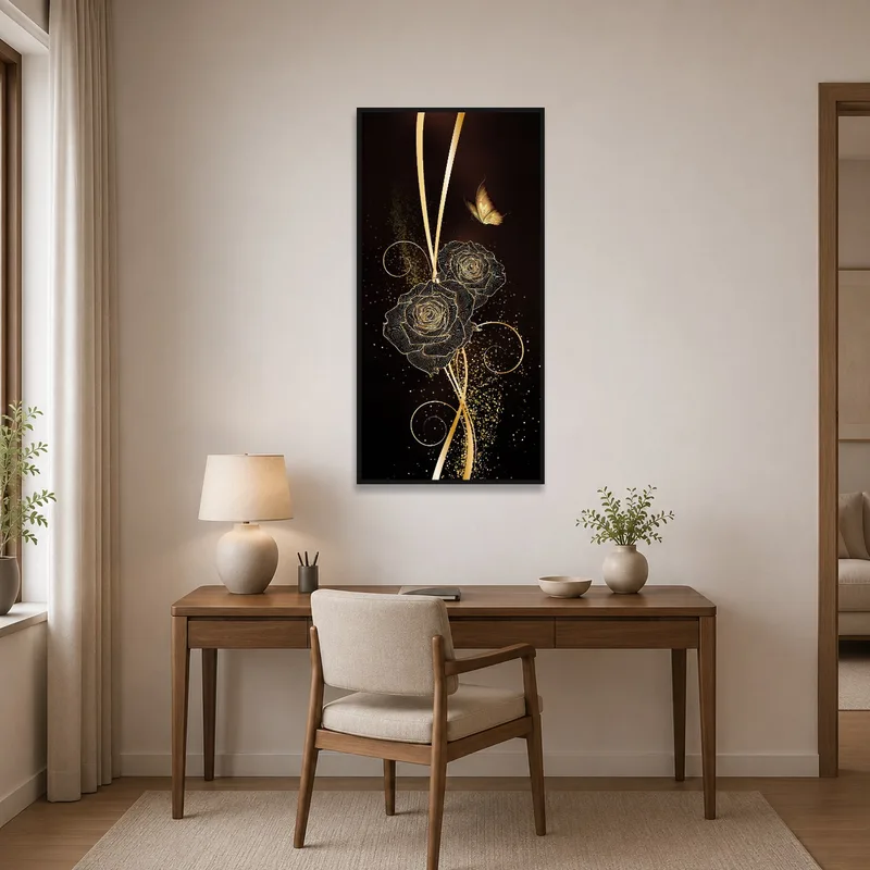 Golden rose and butterfly print in a home office space.