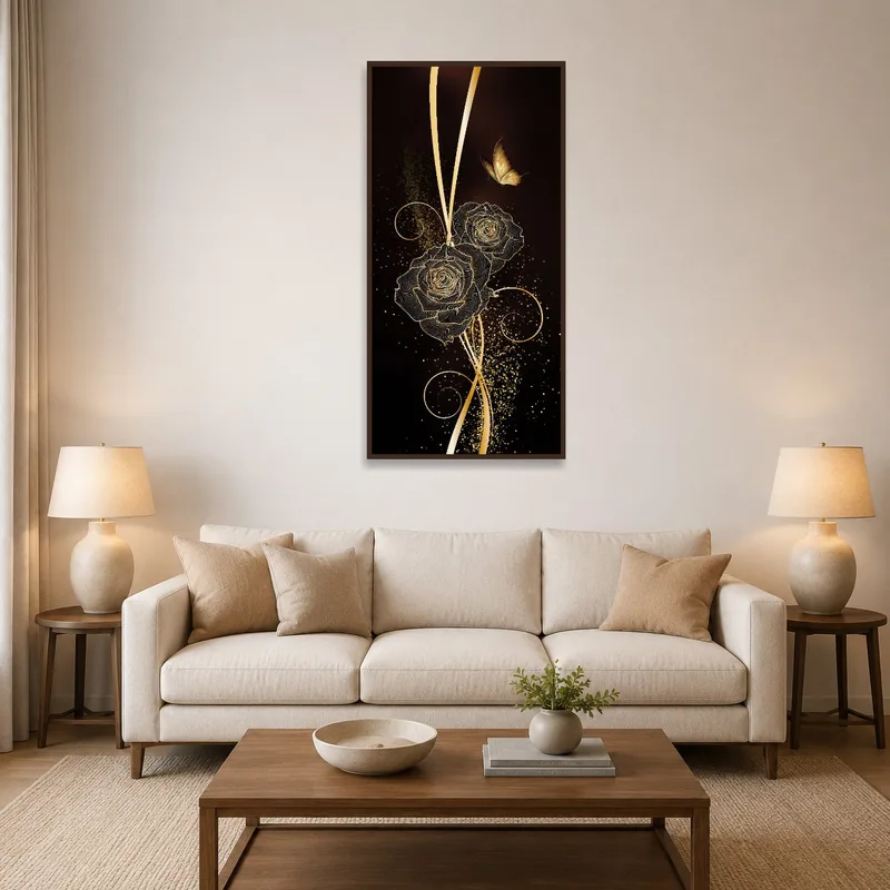 Golden rose and butterfly print above a living room sofa.