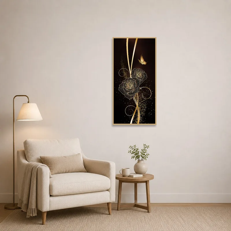 Golden rose and butterfly print in a reading corner.