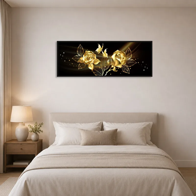 Luxurious black and gold floral art enhances the serene atmosphere of a bedroom.