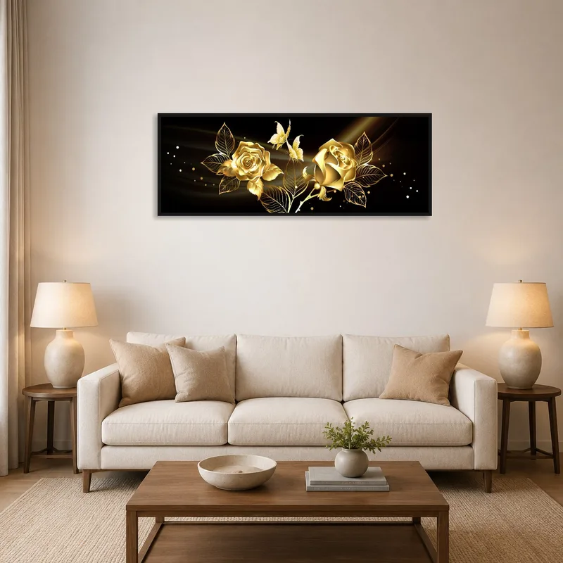 Golden rose floral art on a black background in a chic living room setting.