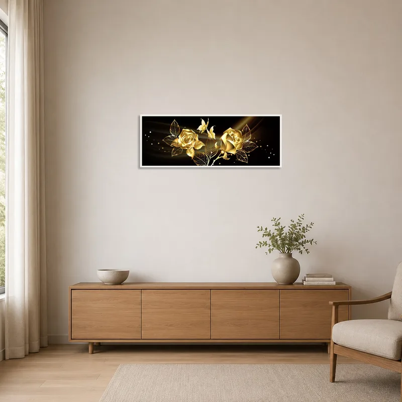 Sophisticated black and gold rose art in a minimalist space provides a striking focal point.