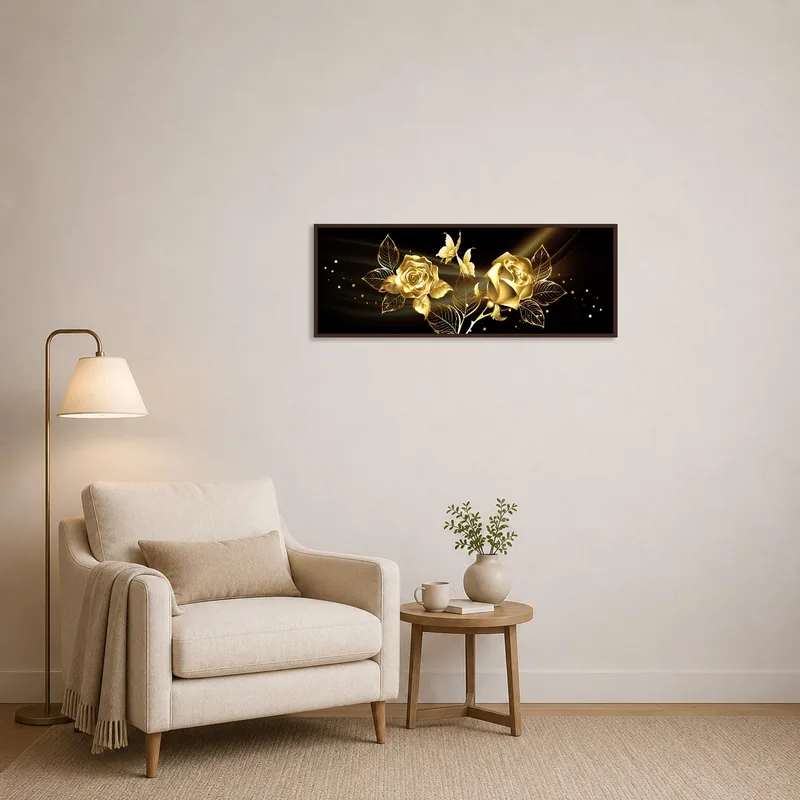 Golden rose art with a black base adds elegance to a cozy reading corner.