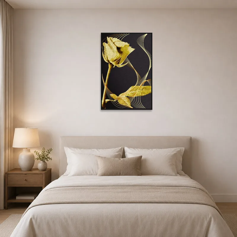Golden rose artwork creating a relaxing atmosphere in a chic bedroom with black and gold decor.
