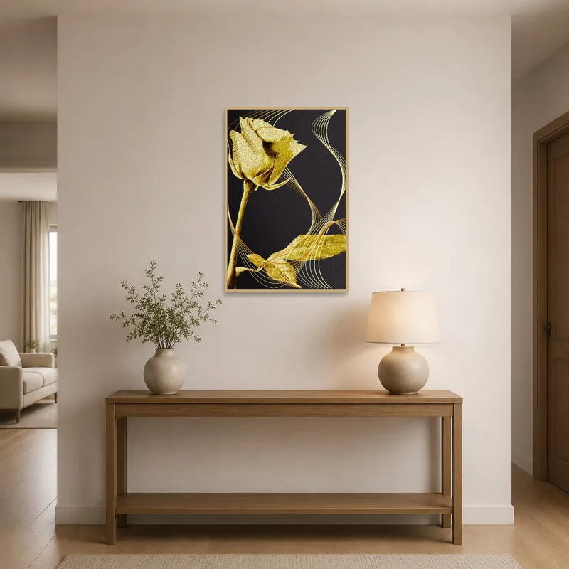 Sophisticated golden rose canvas welcoming guests in a chic entrance hall with subtle black elements.