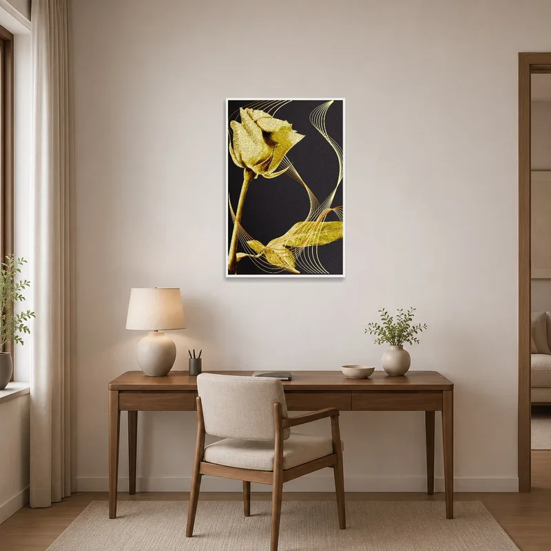 Elegant golden rose canvas enhancing a stylish home office with sleek black furniture and accents.