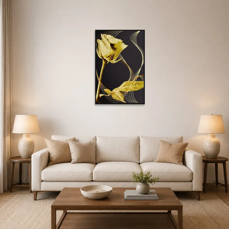 Golden rose artwork elegantly displayed on a living room wall with modern black and gold accents.