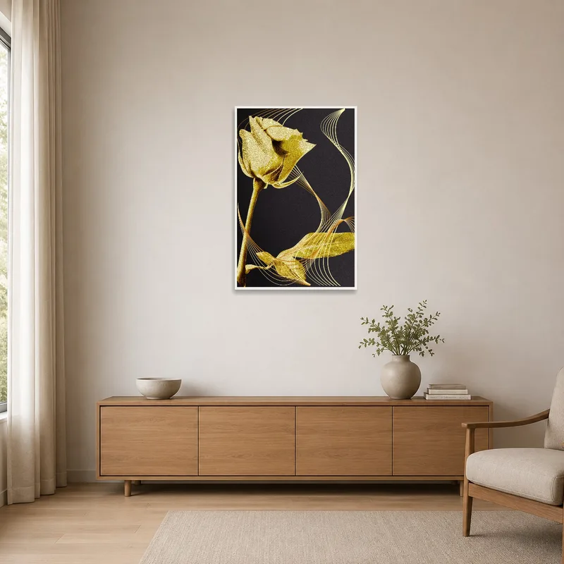 Golden rose painting adding a touch of elegance to a minimalist room with clean lines and simple furniture.