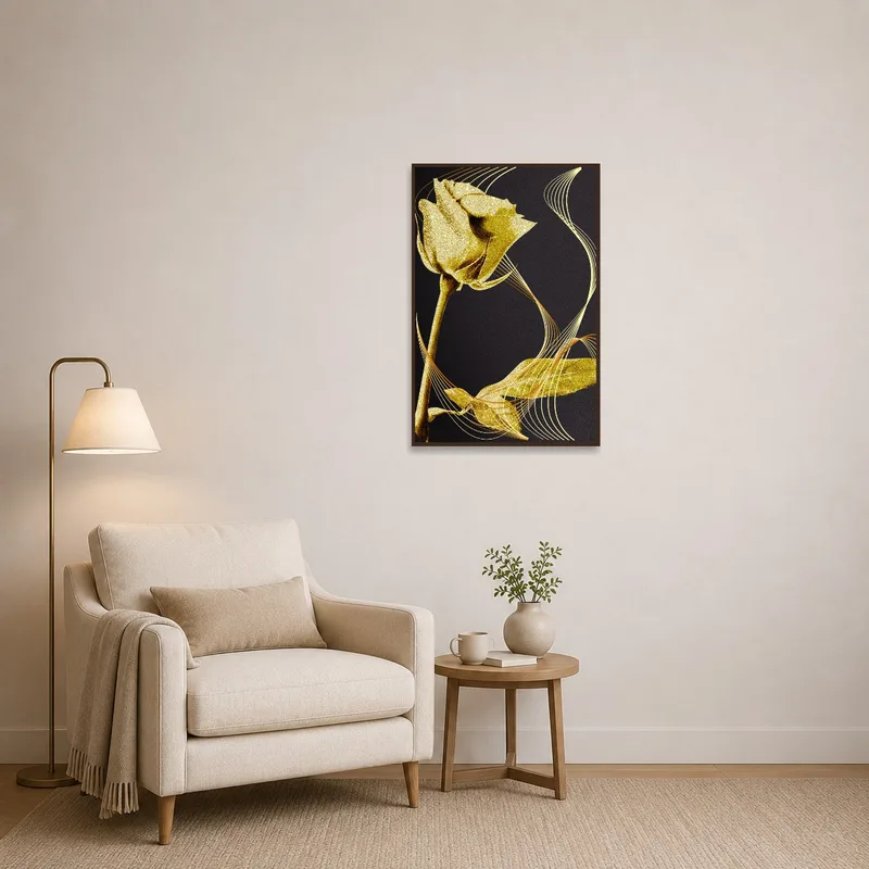 Golden rose art piece providing inspiration and charm in a cozy reading corner with warm lighting.